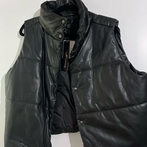 Faux Leather Cropped Puffer Vest - Black